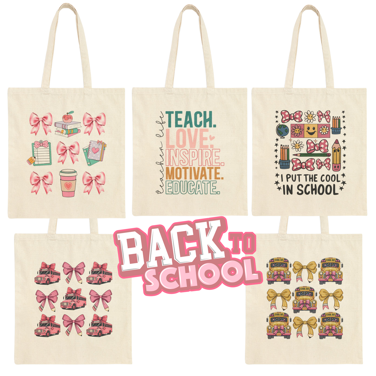 Teacher Back To School Reusable Teach Inspire Cotton Canvas Tote Bag - J K Kreation