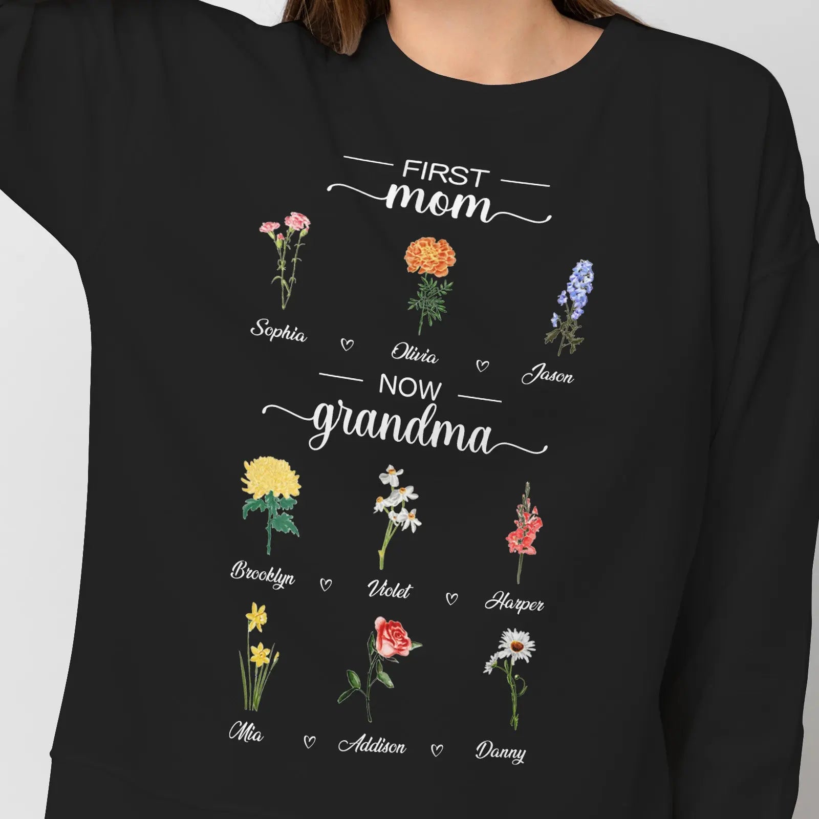 Personalized First Mom Now Grandma Sweatshirt Custom Birth Flowers Sweatshirts for Mother's Day Gift - J K Kreation