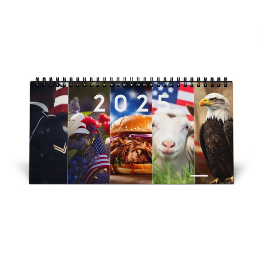 Desk Calendar 2025 Grid with USA American Flag Theme, Food, People, Animals - Stocking Stuffer Gift Ideas - J K Kreation