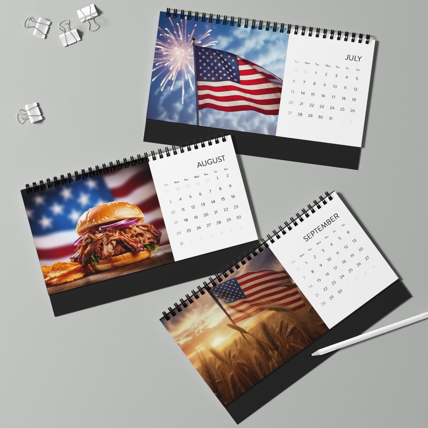 Desk Calendar 2025 Grid with USA American Flag Theme, Food, People, Animals - Stocking Stuffer Gift Ideas - J K Kreation