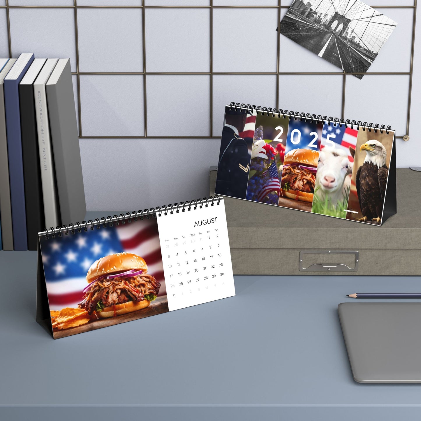 Desk Calendar 2025 Grid with USA American Flag Theme, Food, People, Animals - Stocking Stuffer Gift Ideas - J K Kreation