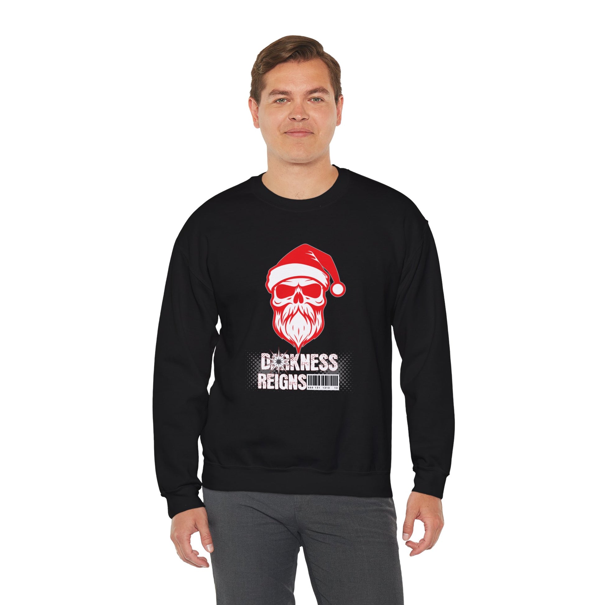 Gothic Sweatshirt, 'Darkness reigns' Santa Skull Christmas Gift, Empath Crewneck, Spooky Clothing, Creepy Jumper, Holiday Sweatshirt - J K Kreation