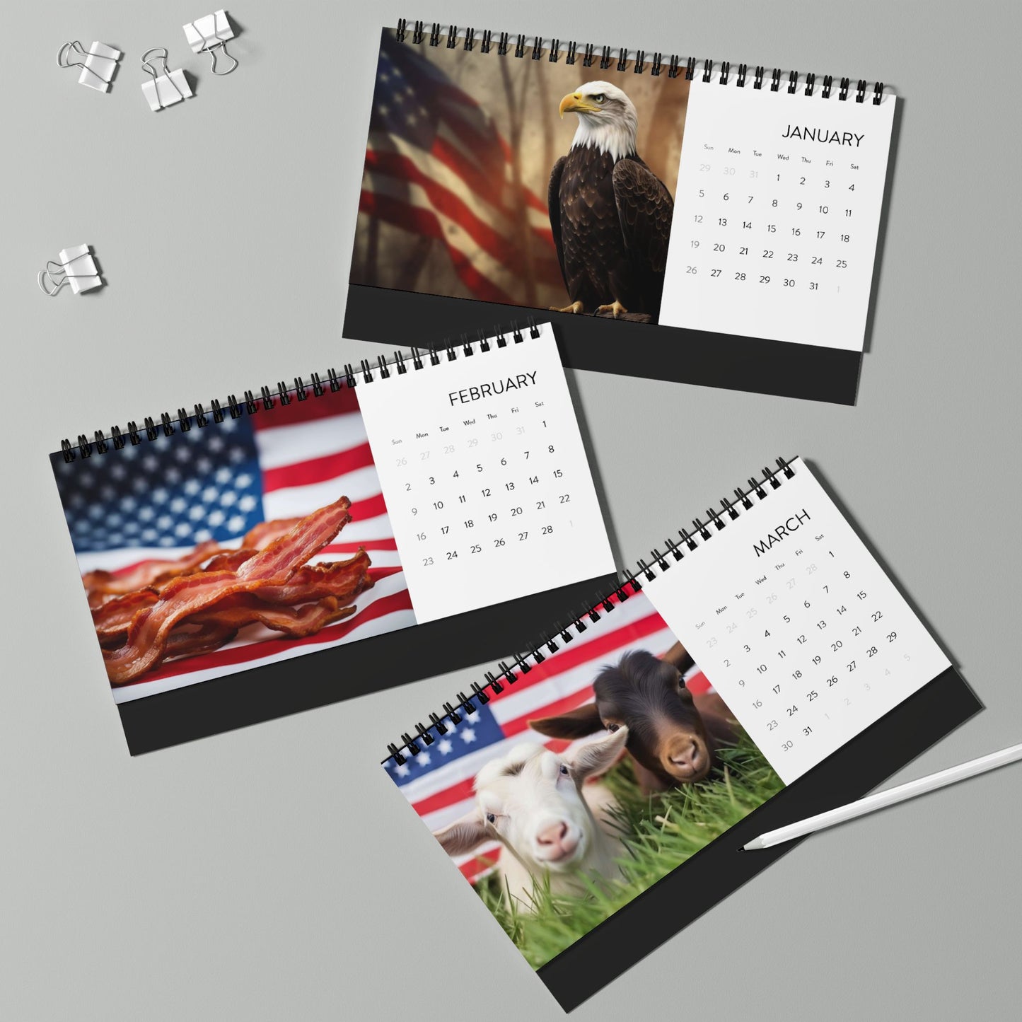 Desk Calendar 2025 Grid with USA American Flag Theme, Food, People, Animals - Stocking Stuffer Gift Ideas - J K Kreation