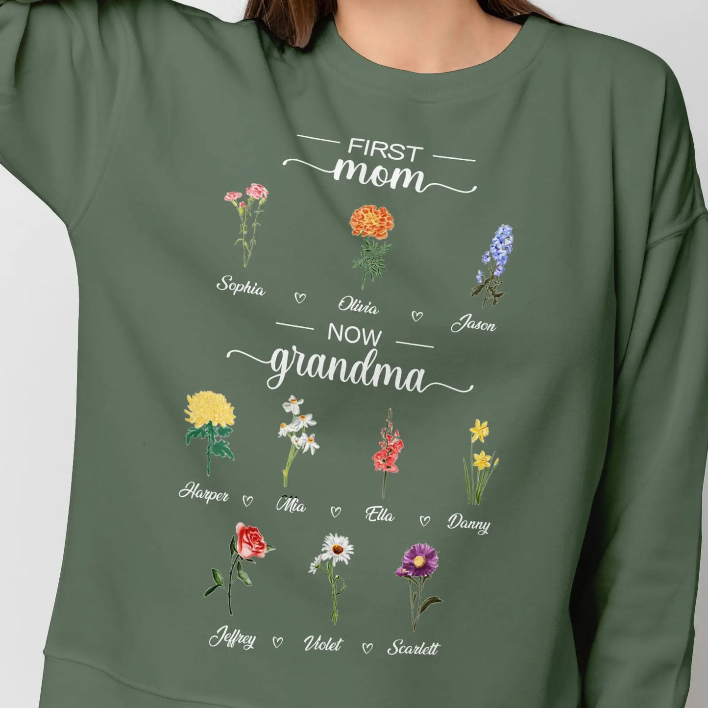 Personalized First Mom Now Grandma Sweatshirt Custom Birth Flowers Sweatshirts for Mother's Day Gift - J K Kreation