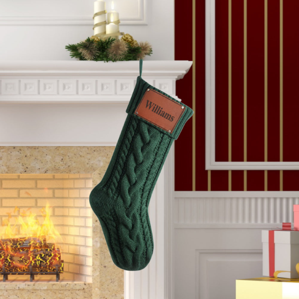 Personalized Christmas Stocking with Name PU Leather Patches Knitted Xmas Stockings Decoration - J K Kreation