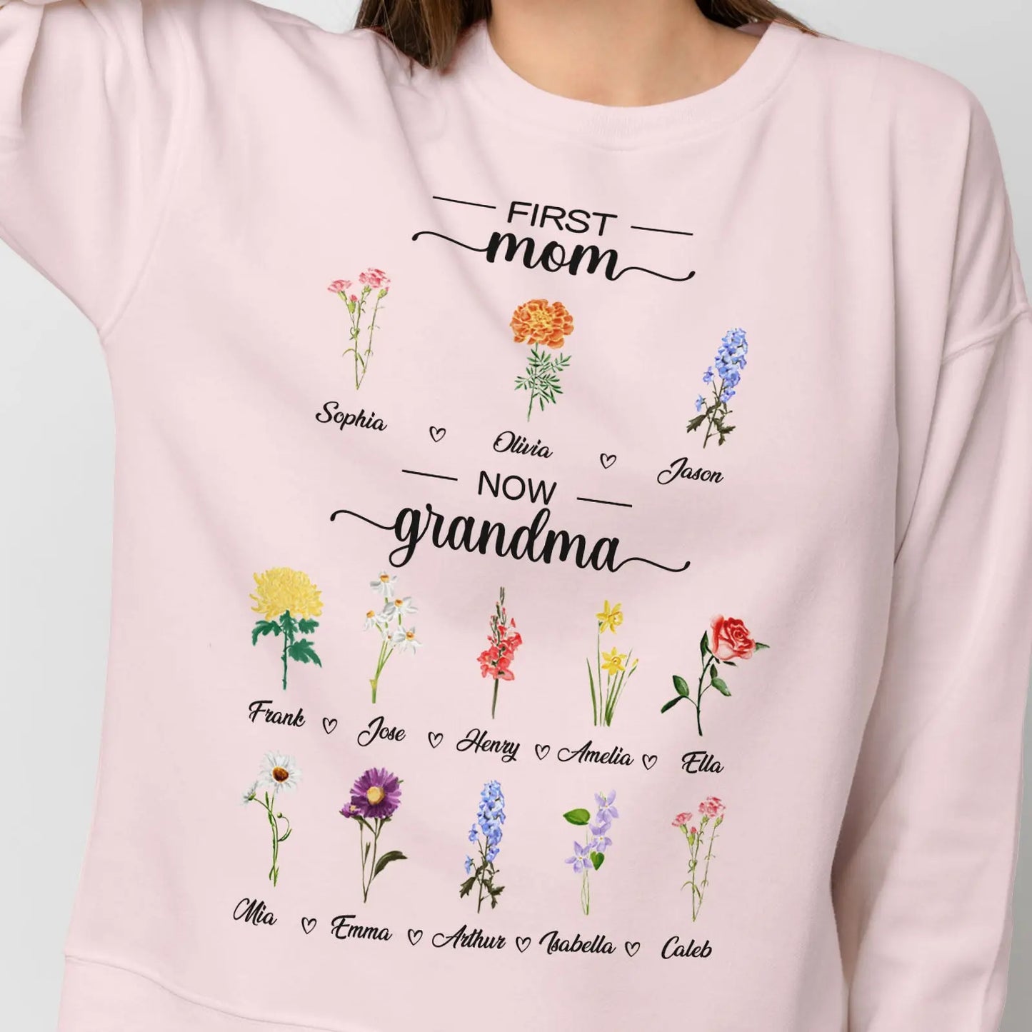 Personalized First Mom Now Grandma Sweatshirt Custom Birth Flowers Sweatshirts for Mother's Day Gift - J K Kreation