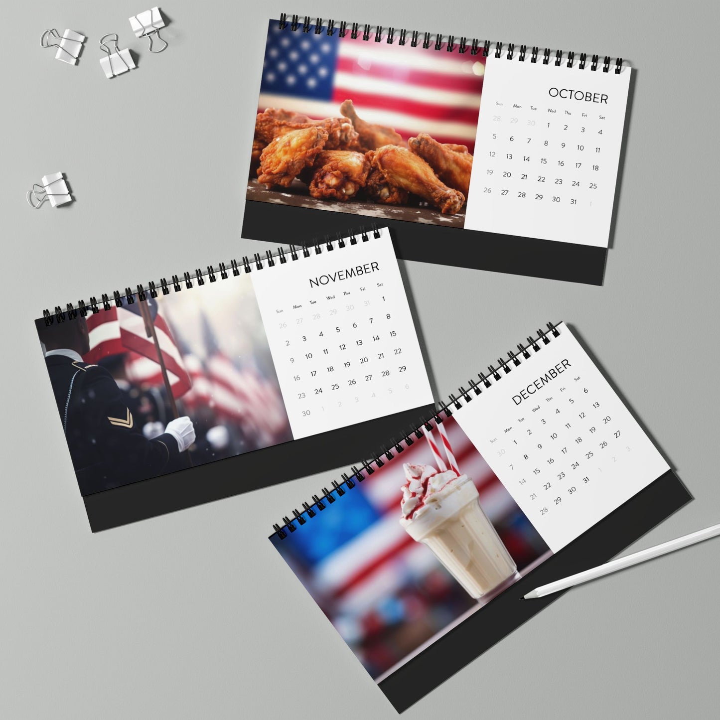 Desk Calendar 2025 Grid with USA American Flag Theme, Food, People, Animals - Stocking Stuffer Gift Ideas - J K Kreation