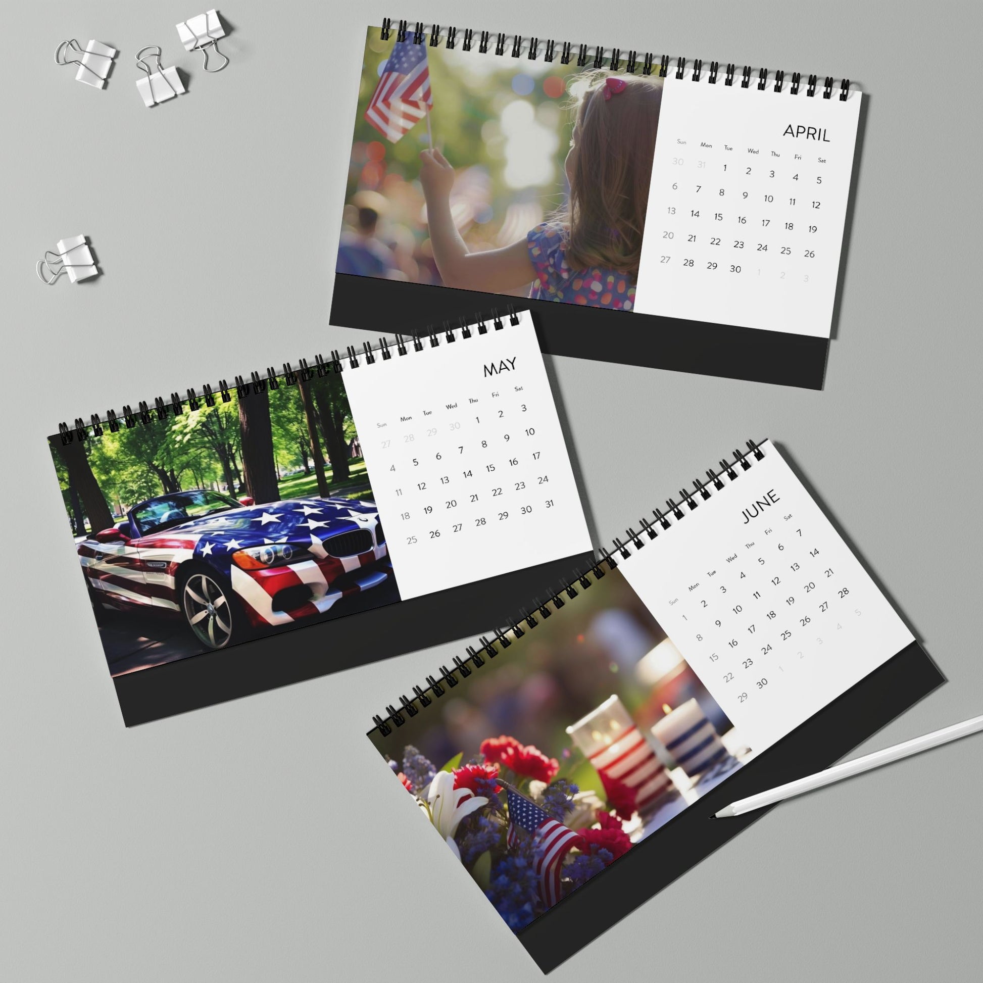 Desk Calendar 2025 Grid with USA American Flag Theme, Food, People, Animals - Stocking Stuffer Gift Ideas - J K Kreation