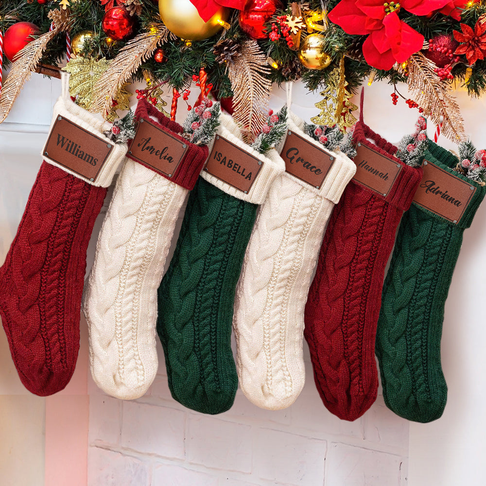 Personalized Christmas Stocking with Name PU Leather Patches Knitted Xmas Stockings Decoration - J K Kreation