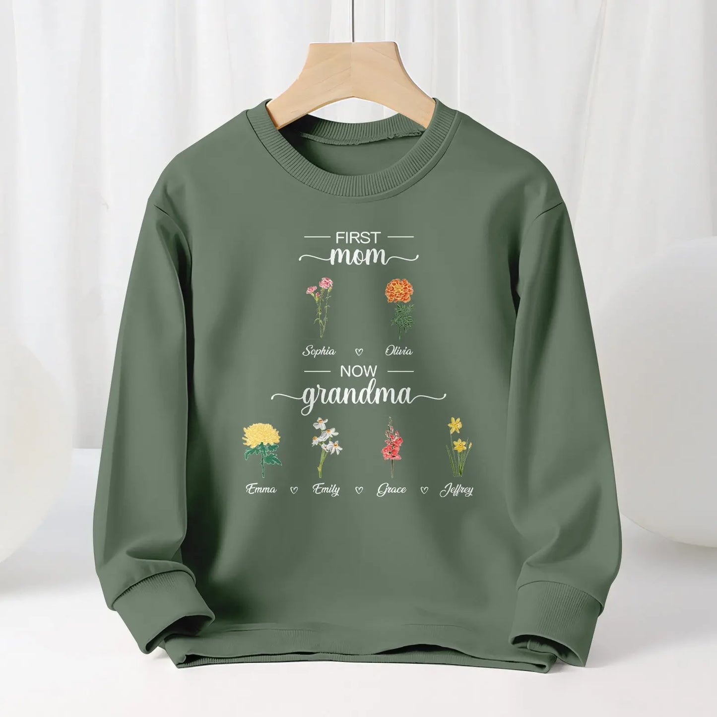 Personalized First Mom Now Grandma Sweatshirt Custom Birth Flowers Sweatshirts for Mother's Day Gift - J K Kreation