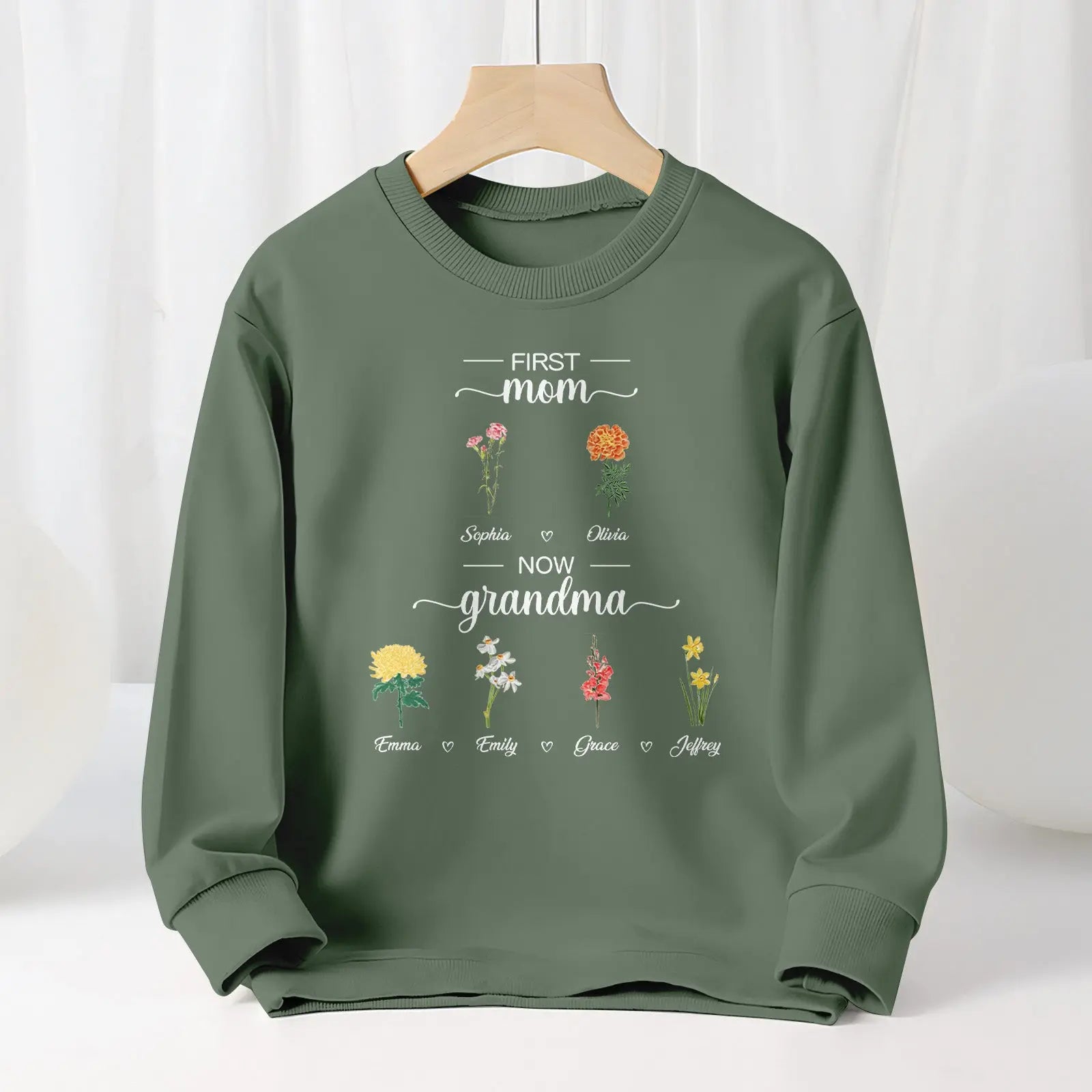 Personalized First Mom Now Grandma Sweatshirt Custom Birth Flowers Sweatshirts for Mother's Day Gift - J K Kreation