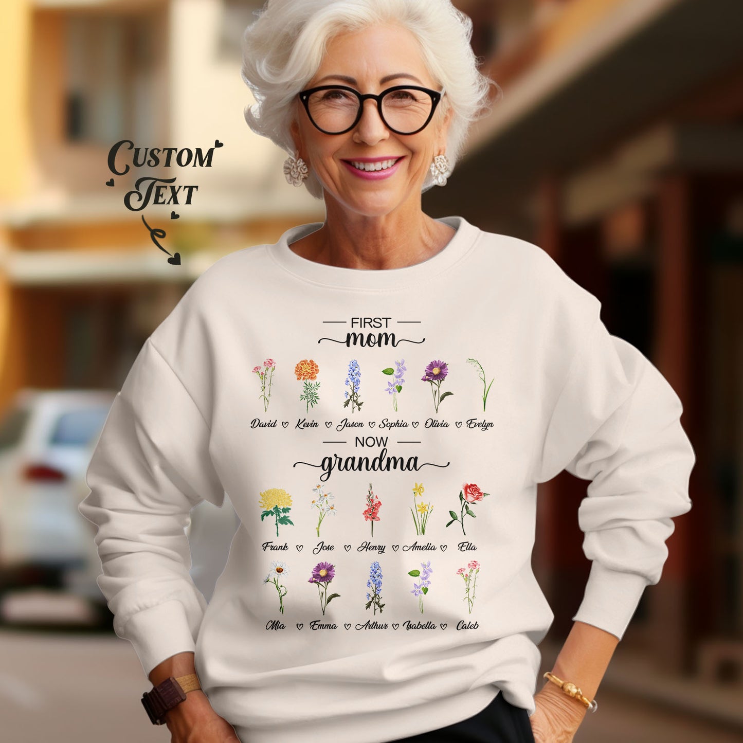 Personalized First Mom Now Grandma Sweatshirt Custom Birth Flowers Sweatshirts for Mother's Day Gift - J K Kreation