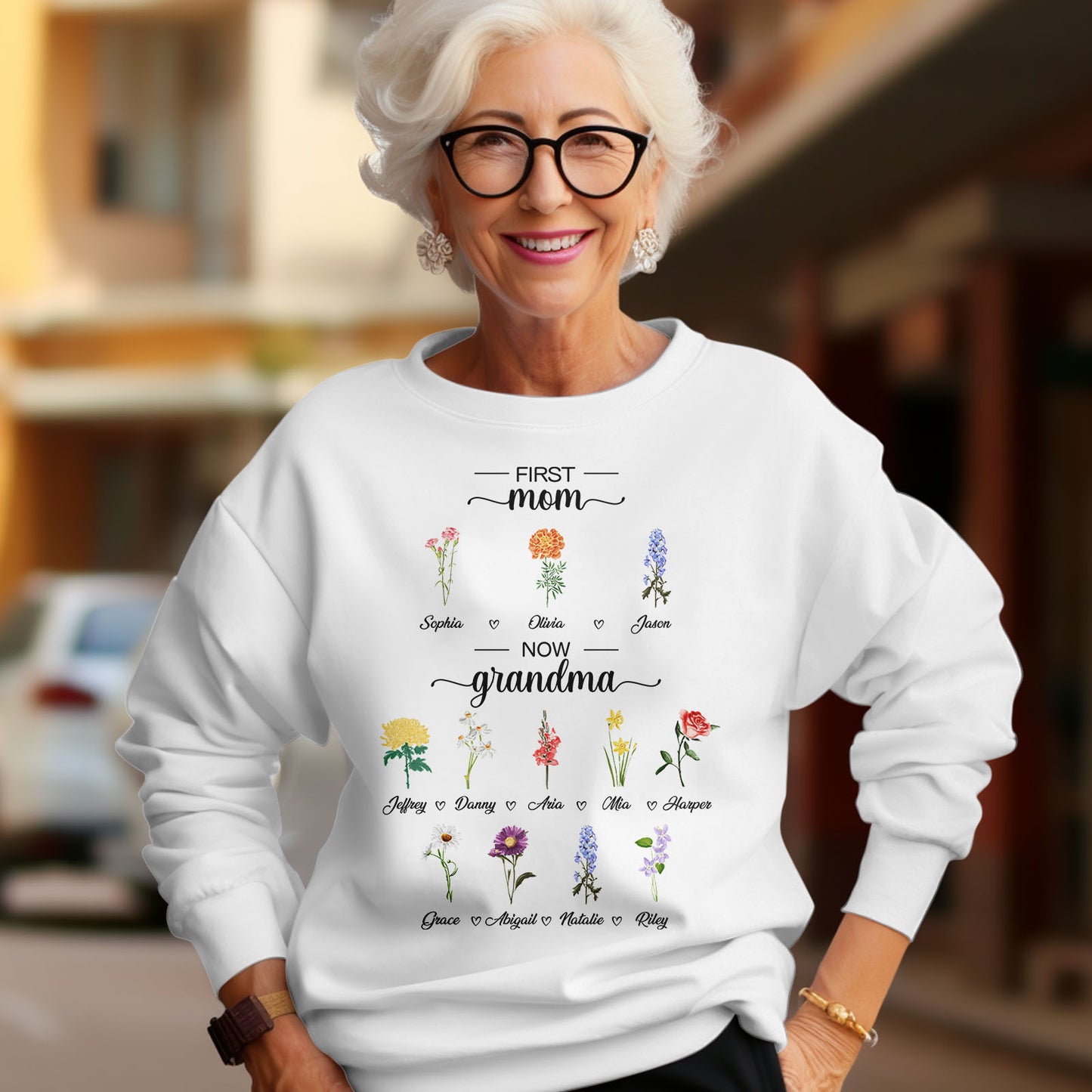 Personalized First Mom Now Grandma Sweatshirt Custom Birth Flowers Sweatshirts for Mother's Day Gift - J K Kreation