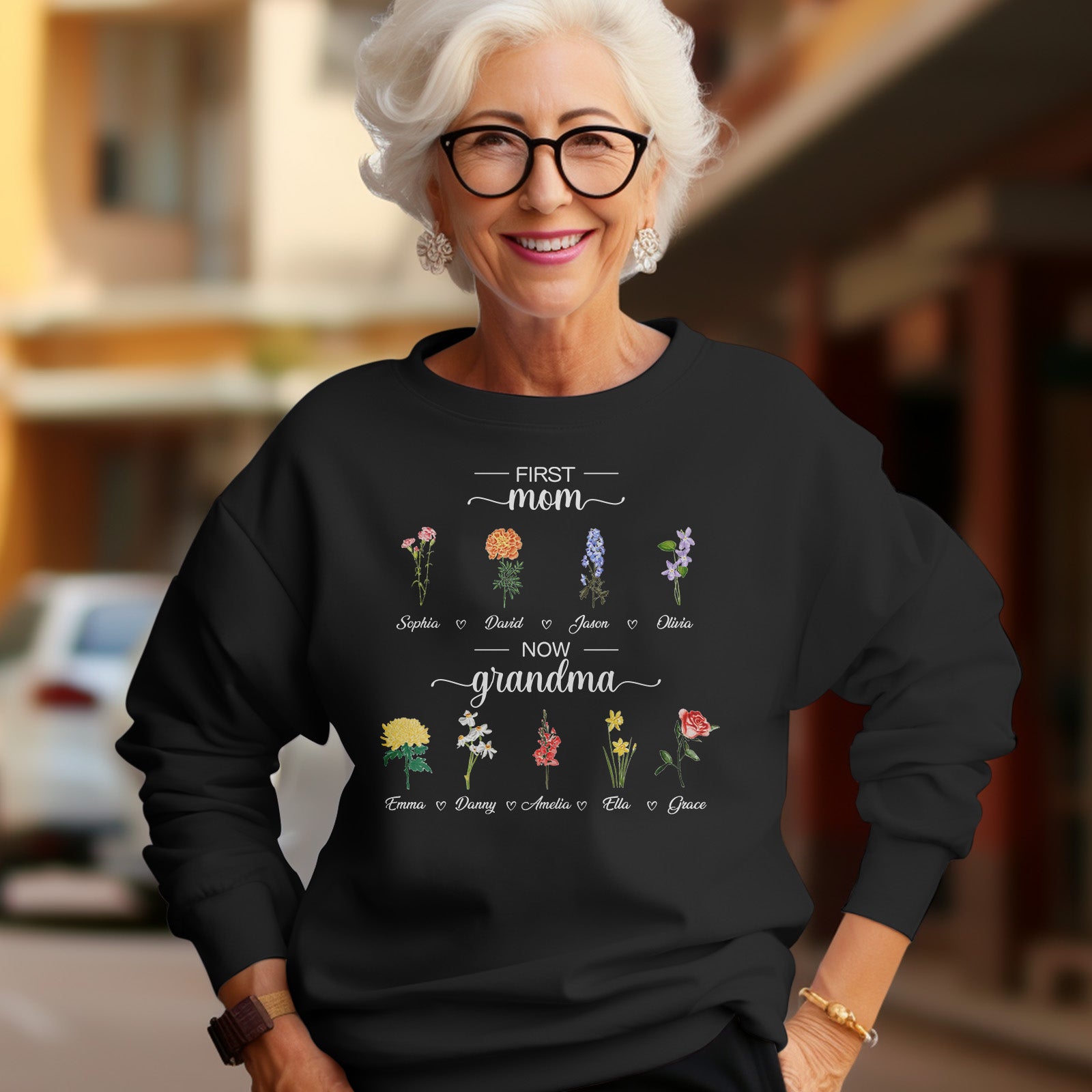 Personalized First Mom Now Grandma Sweatshirt Custom Birth Flowers Sweatshirts for Mother's Day Gift - J K Kreation