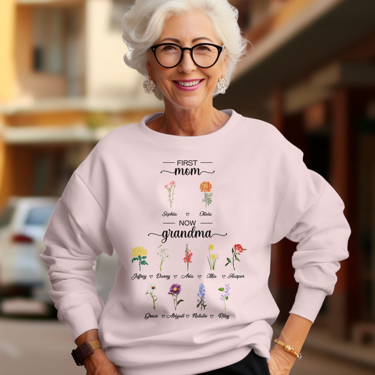 Personalized First Mom Now Grandma Sweatshirt Custom Birth Flowers Sweatshirts for Mother's Day Gift - J K Kreation