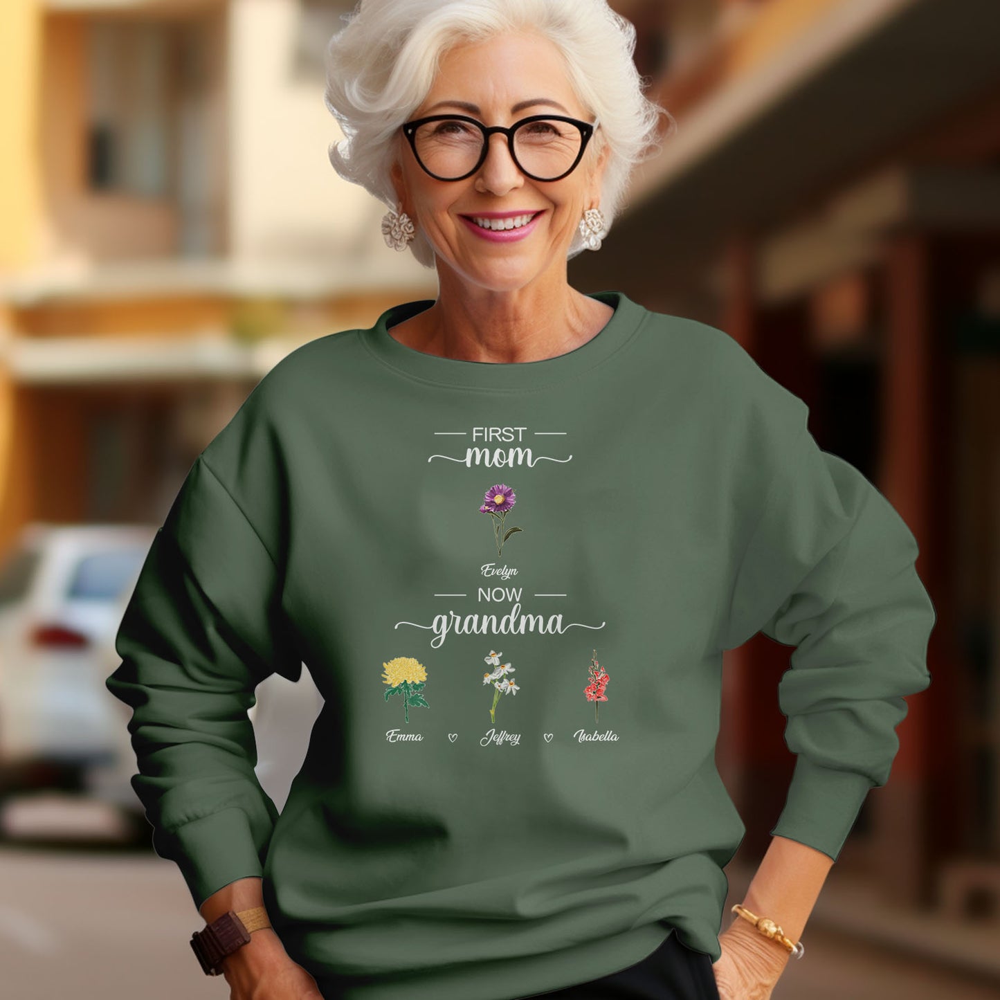 Personalized First Mom Now Grandma Sweatshirt Custom Birth Flowers Sweatshirts for Mother's Day Gift - J K Kreation