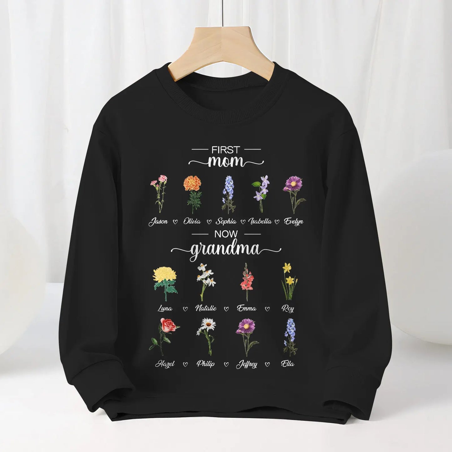 Personalized First Mom Now Grandma Sweatshirt Custom Birth Flowers Sweatshirts for Mother's Day Gift - J K Kreation