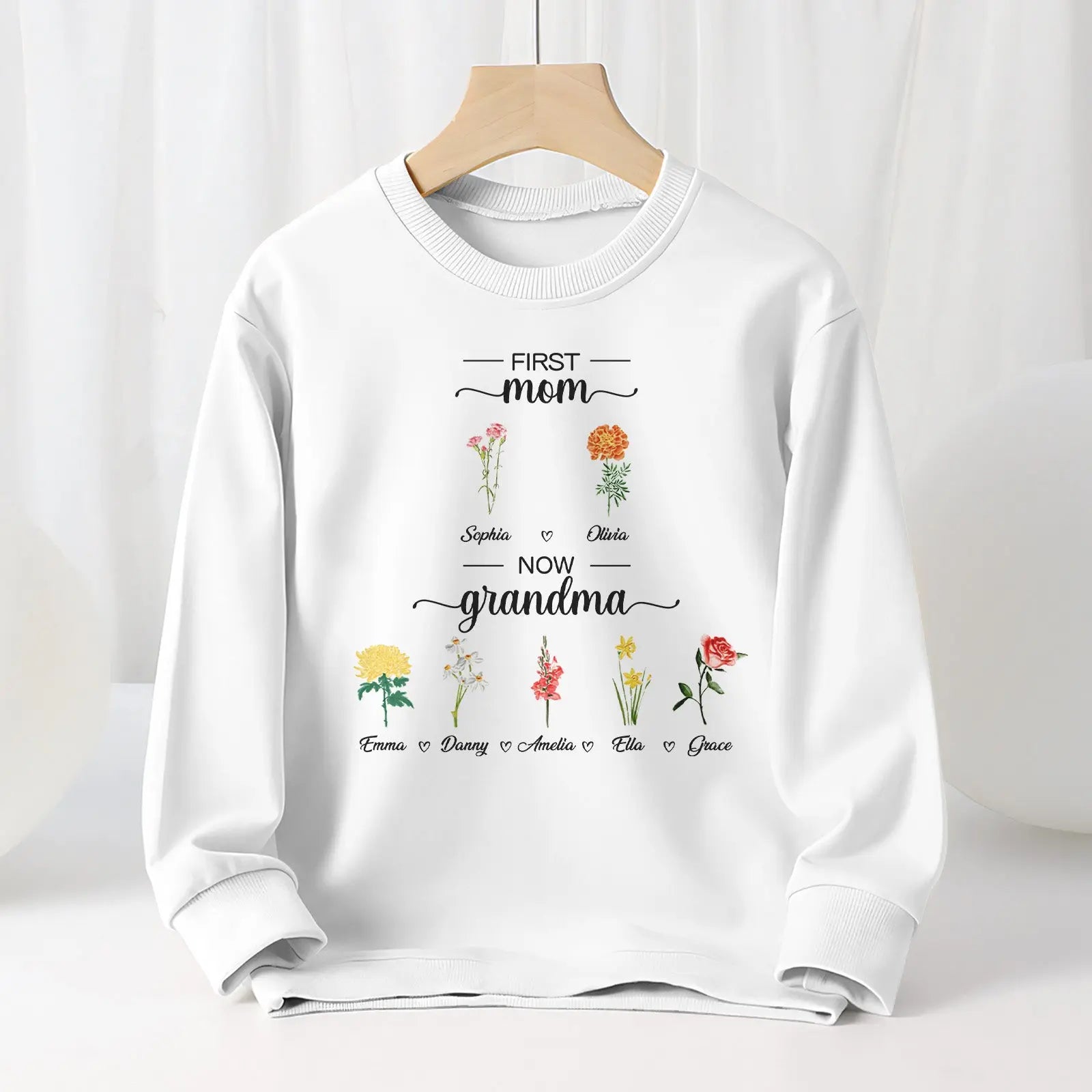 Personalized First Mom Now Grandma Sweatshirt Custom Birth Flowers Sweatshirts for Mother's Day Gift - J K Kreation