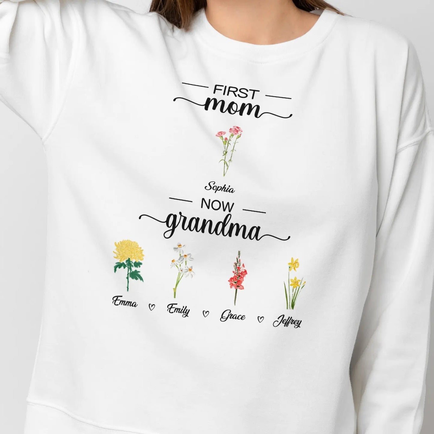 Personalized First Mom Now Grandma Sweatshirt Custom Birth Flowers Sweatshirts for Mother's Day Gift - J K Kreation