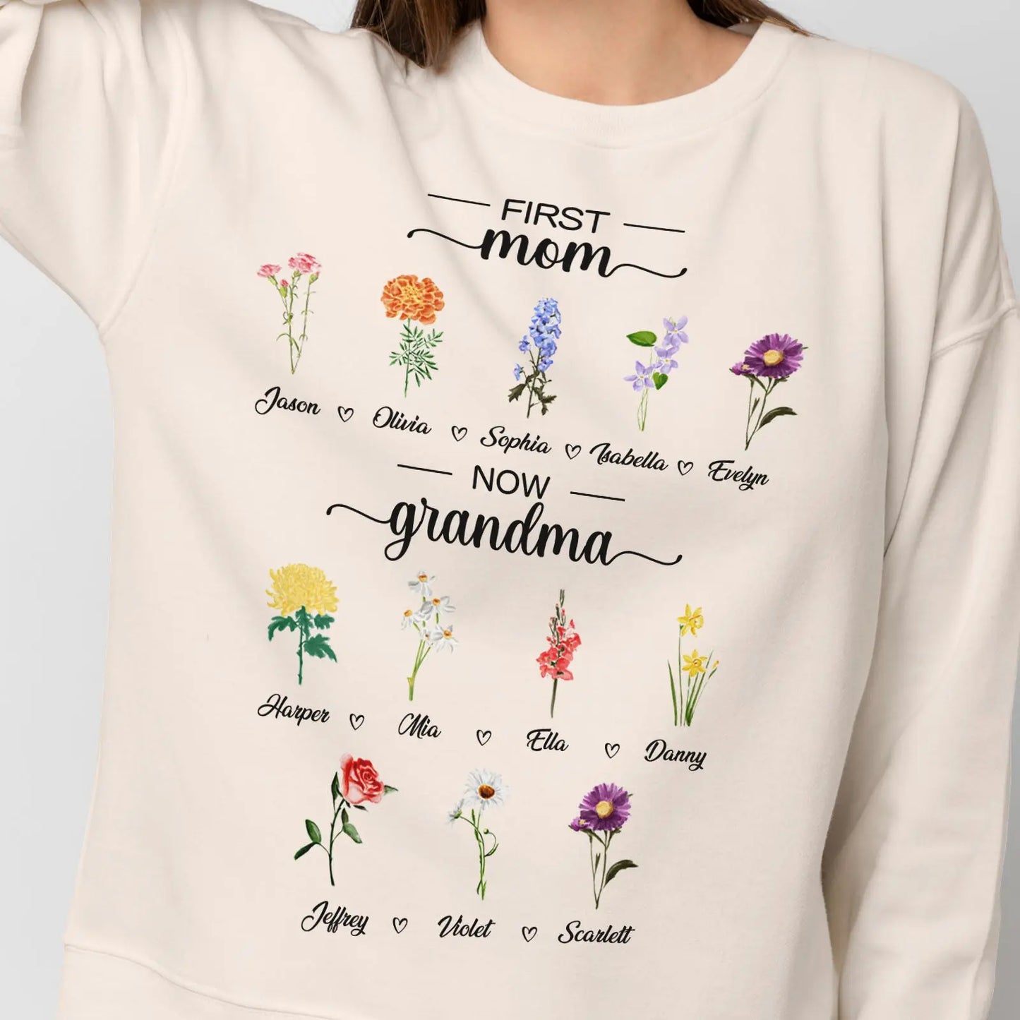 Personalized First Mom Now Grandma Sweatshirt Custom Birth Flowers Sweatshirts for Mother's Day Gift - J K Kreation