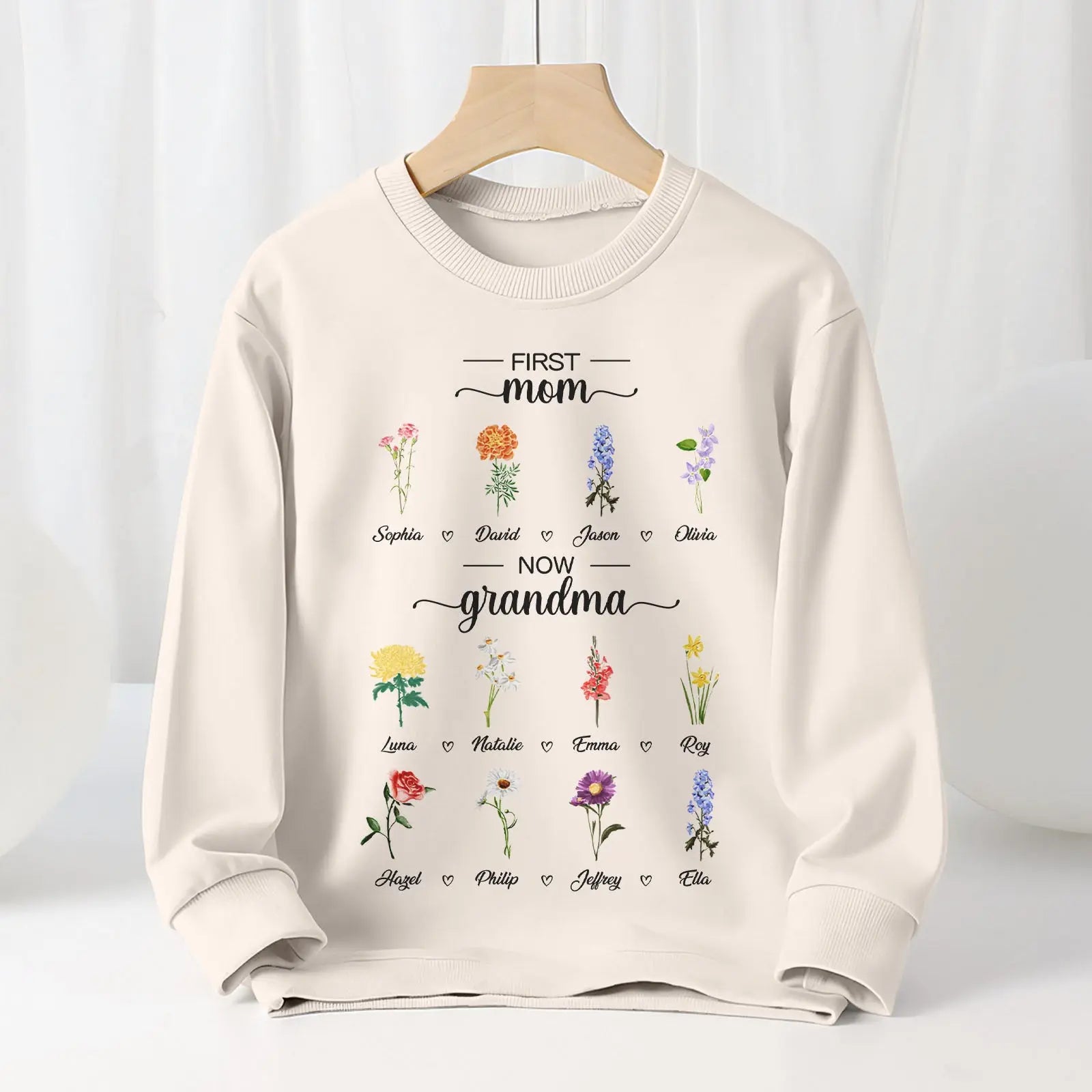 Personalized First Mom Now Grandma Sweatshirt Custom Birth Flowers Sweatshirts for Mother's Day Gift - J K Kreation